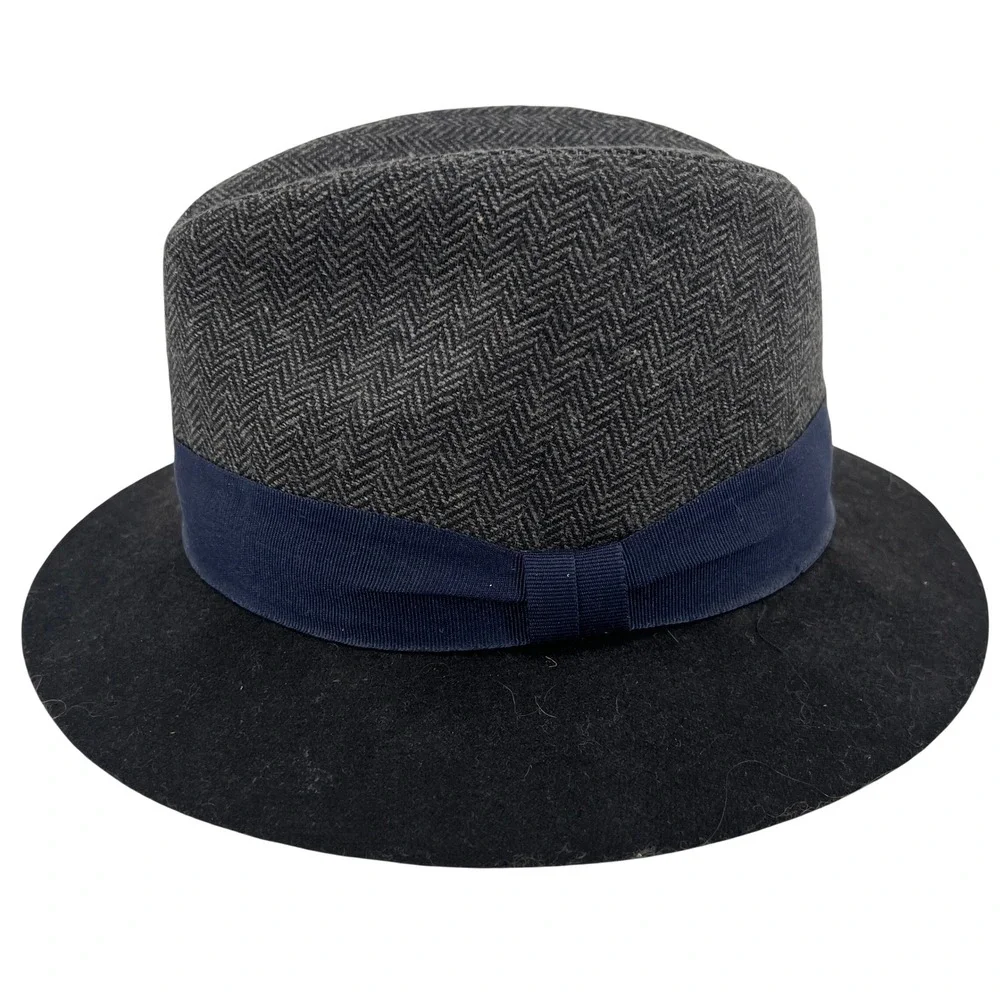 Vintage Fedora‎ by The Hatter Company Herringbone Tweed Black Brim Blue Hatband